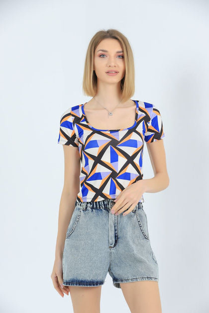 Womens Printed Square Neck Detail Top MWUCT12
