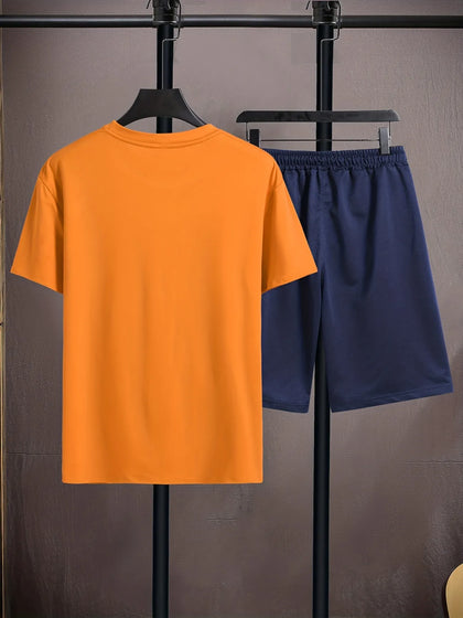 Mens Summer Shorts + T-Shirt Set - TTMSS162 - Orange Navy Blue