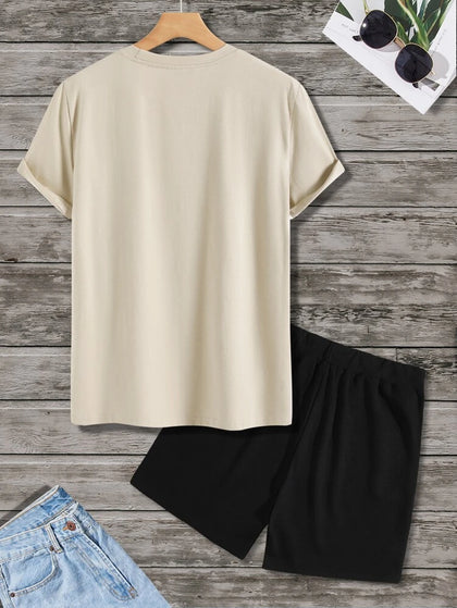 Mens Summer Shorts + T-Shirt Set - TTMSS128 - Cream Black