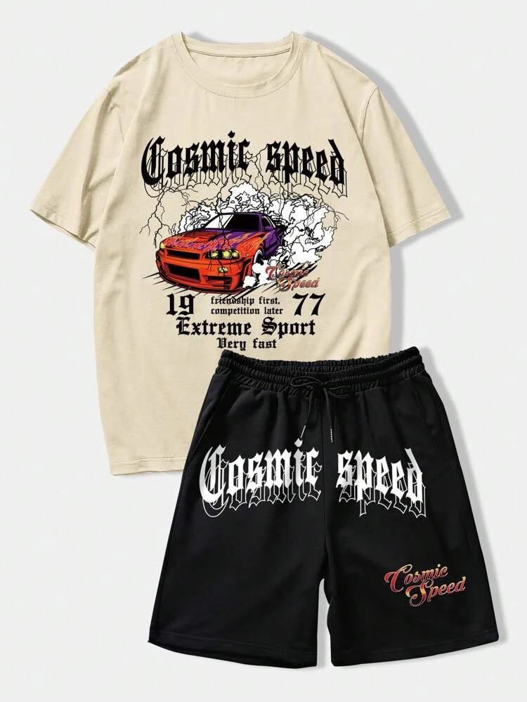 Mens Summer Shorts + T-Shirt Set - TTMSS102 - Cream Black