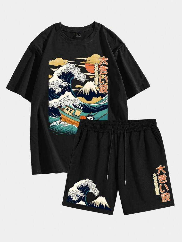 Mens Summer Shorts + T-Shirt Set - TTMSS103 - Black Black