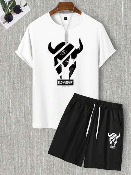 Mens Summer Shorts + T-Shirt Set - TTMSS105 - White Black