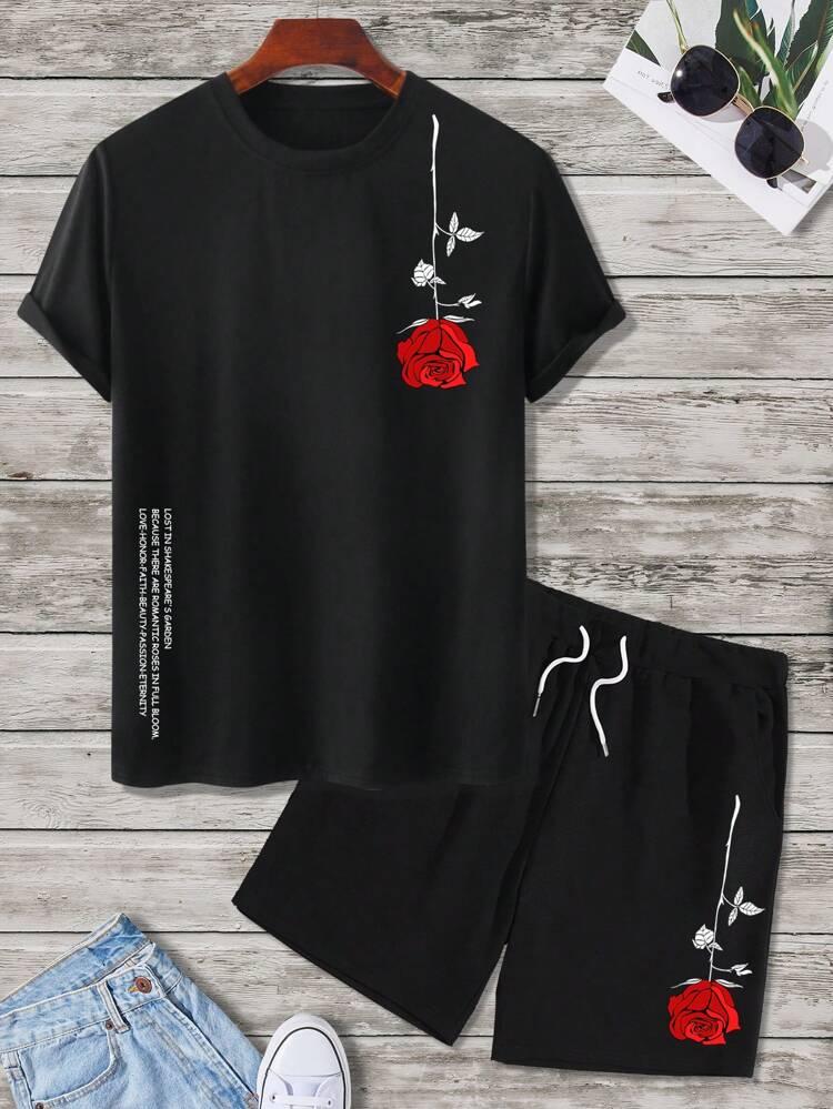 Mens Summer Shorts + T-Shirt Set - TTMSS128 - Black Black