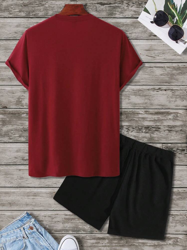 Mens Summer Shorts + T-Shirt Set - TTMSS128 - Maroon Black