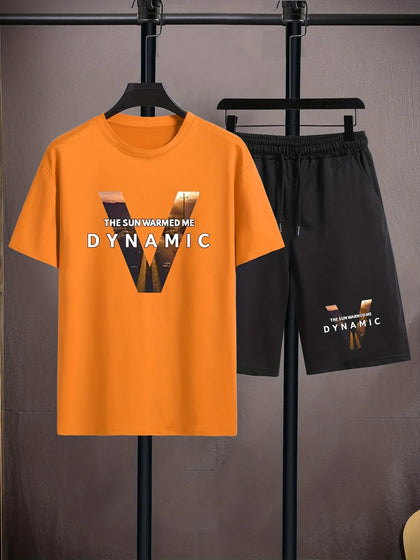 Mens Summer Shorts + T-Shirt Set - TTMSS162 - Orange Black
