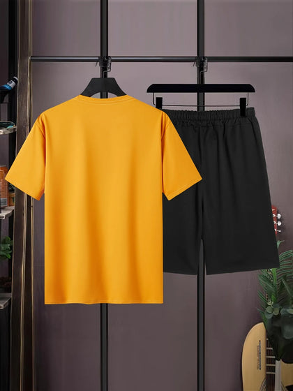 Mens Summer Shorts + T-Shirt Set - TTMSS166 - Orange Black