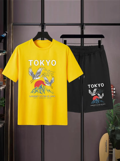 Mens Summer Shorts + T-Shirt Set - TTMSS167 - Yellow Black