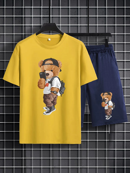 Mens Summer Shorts + T-Shirt Set - TTMSS10 - Yellow Navy Blue
