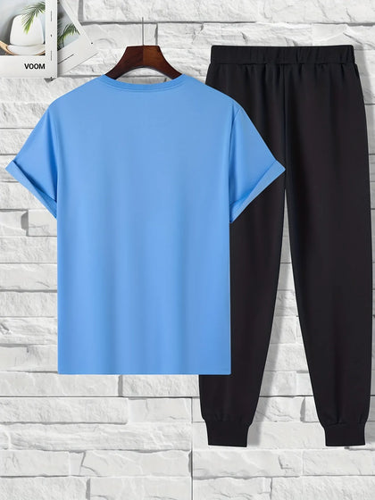 Mens Summer Pants + T-Shirt Set - TTMSTS2 - Light Blue Black