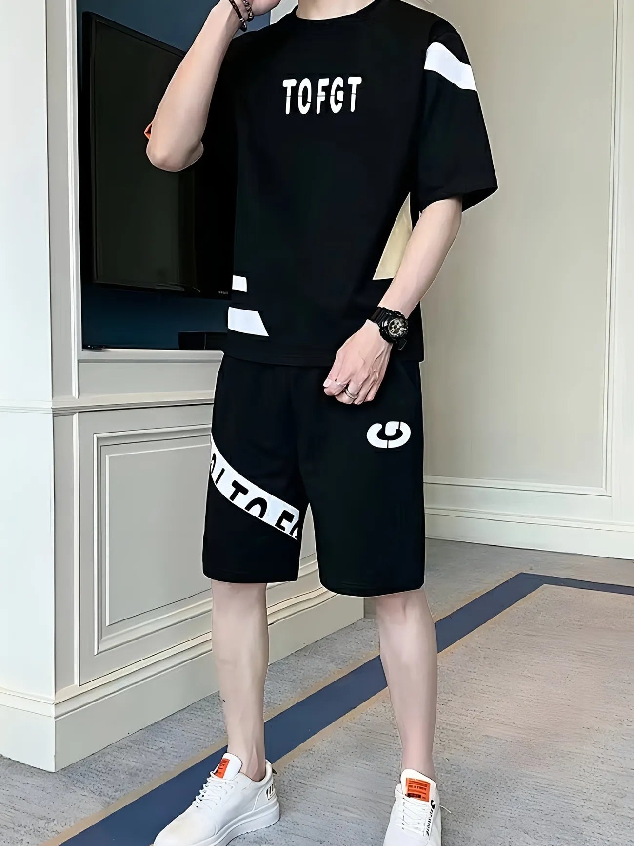Mens Summer Shorts + T-Shirt Set - TTMSS152 - Black Black