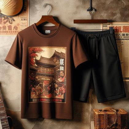 Mens Summer Shorts + T-Shirt Set by Tee Tall - TTMSS190 - Brown Black