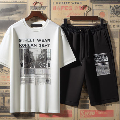 Mens Summer Shorts + T-Shirt Set by Tee Tall - TTMSS188 - White Black