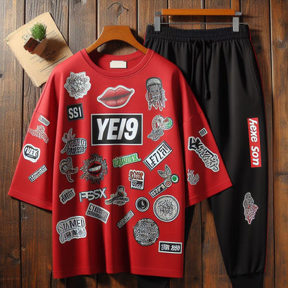 Mens Pants + T-Shirt Printed Set by Tee Tall - TTMPTZS11 - Red Black