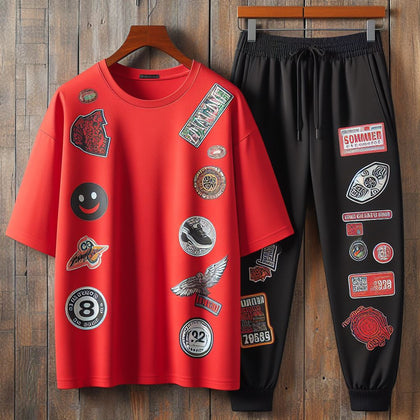 Mens Pants + T-Shirt Printed Set by Tee Tall - TTMPTZS6 - Red Black
