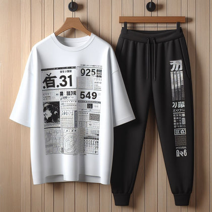 Mens Pants + T-Shirt Printed Set by Tee Tall - TTMPTZS2 - White Black