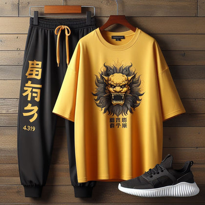 Mens Pants + T-Shirt Printed Set by Tee Tall - TTMPTZS10 - Yellow Black
