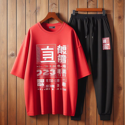 Mens Pants + T-Shirt Printed Set by Tee Tall - TTMPTZS5 - Red Black