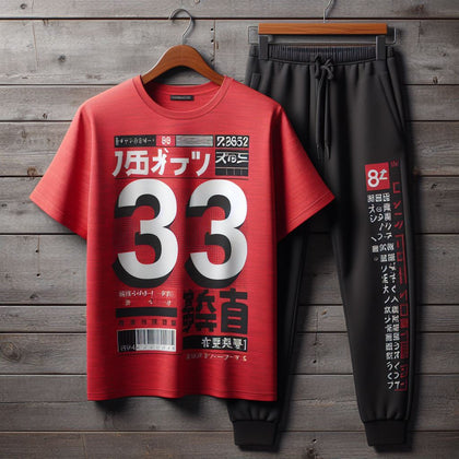 Mens Pants + T-Shirt Printed Set by Tee Tall - TTMPTZS16 - Red Black
