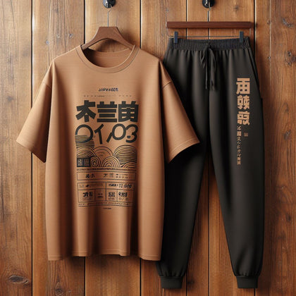 Mens Pants + T-Shirt Printed Set by Tee Tall - TTMPTZS4 - Brown Black