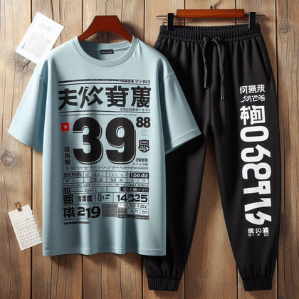 Mens Pants + T-Shirt Printed Set by Tee Tall - TTMPTZS24 - Light Blue Black