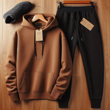 Mens Plain Hoodie and Pants Set by Memnu - MEMHOPS1 - Light Brown Black