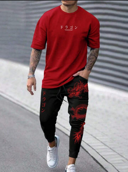 Mens Summer Pants + T-Shirt Set - TTMSTS9 - Red Black