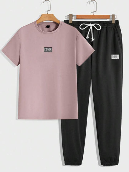 Mens Jogger Pants + T-Shirt Set by Nine Zero - NZMPRIPP1 - Pink Black