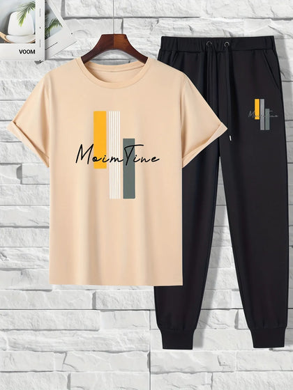 Mens Summer Pants + T-Shirt Set - TTMSTS3 - Cream Black