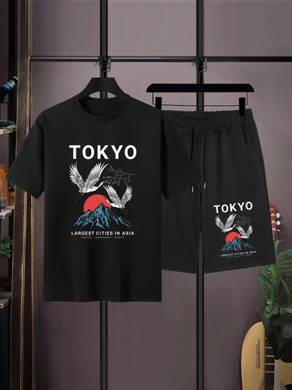 Mens Summer Shorts + T-Shirt Set - TTMSS167 - Black Black