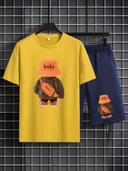 Mens Summer Shorts + T-Shirt Set - TTMSS160 - Yellow Navy Blue