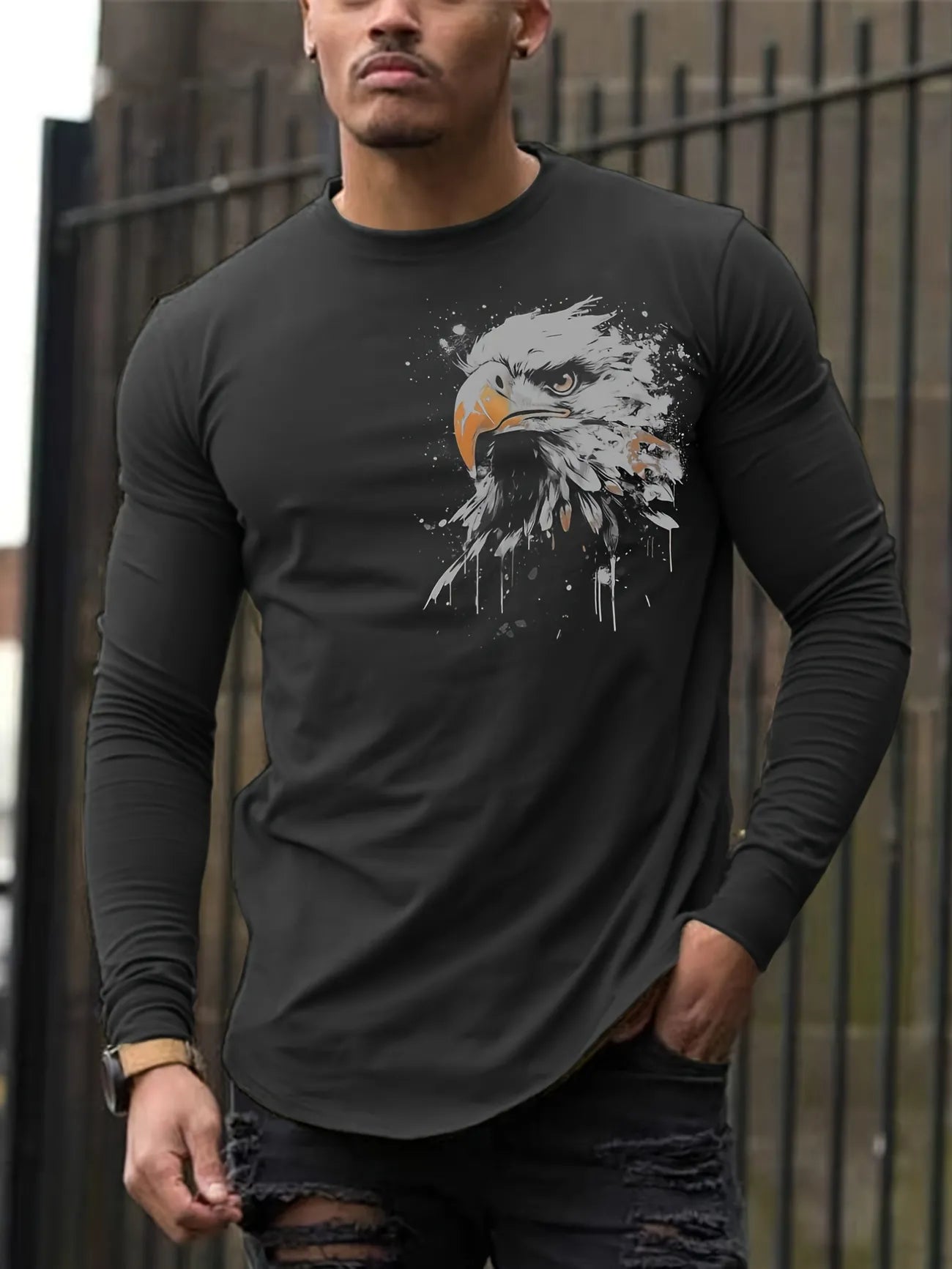 Mens Cotton Sticker Printed Long Sleeve T-Shirt by Tee Tall LSTTMPS5 - Charcoal