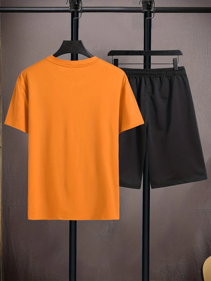 Mens Summer Shorts + T-Shirt Set - TTMSS162 - Orange Black