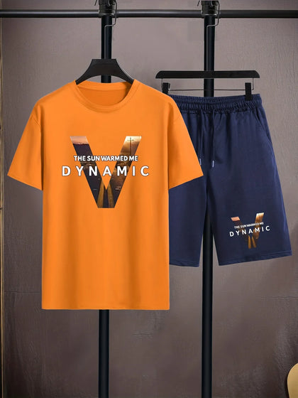 Mens Summer Shorts + T-Shirt Set - TTMSS162 - Orange Navy Blue