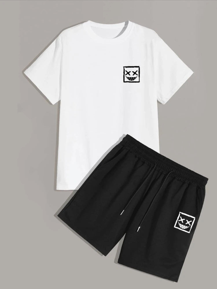 Mens Summer Shorts + T-Shirt Set - TTMSS49 - White Black