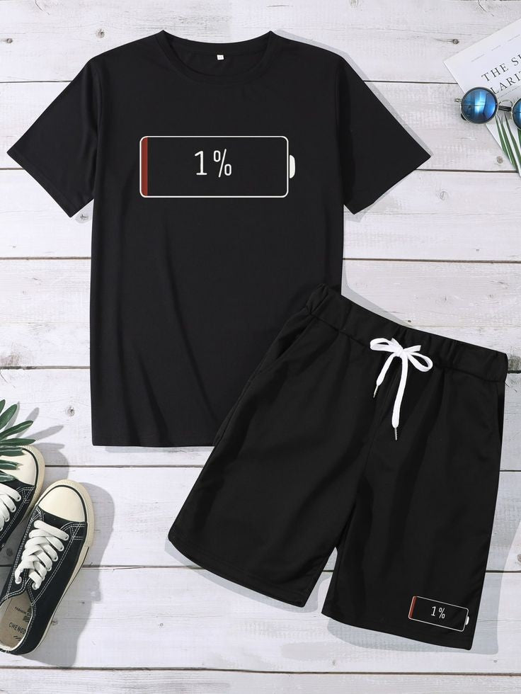 Mens Summer Shorts + T-Shirt Set - TTMSS56 - Black Black