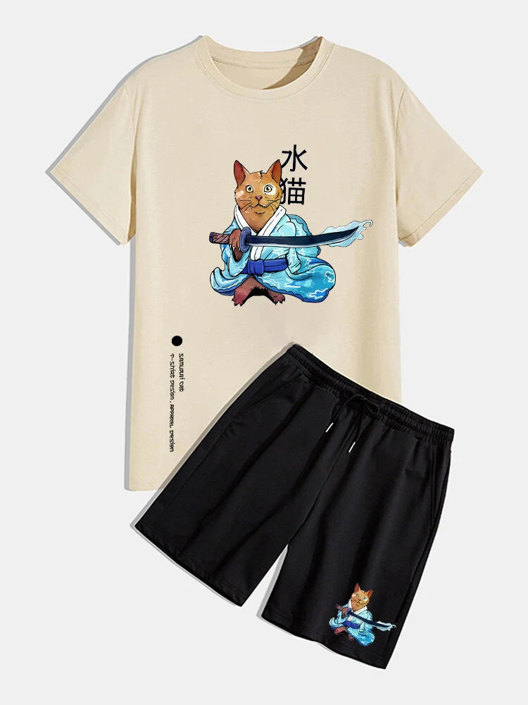 Mens Summer Shorts + T-Shirt Set - TTMSS33 - Cream Black