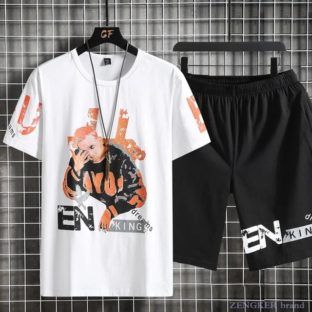 Mens Summer Shorts + T-Shirt Set - TTMSS27 - White Black