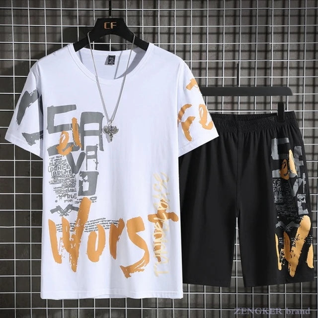 Mens Summer Shorts + T-Shirt Set - TTMSS26 - White Black