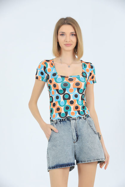 Womens Printed Square Neck Detail Top MWUCT9
