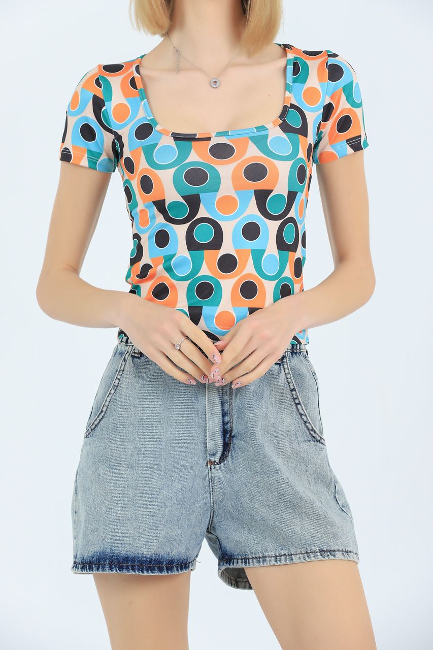 Womens Printed Square Neck Detail Top MWUCT9