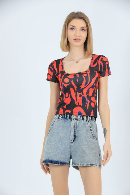 Womens Printed Square Neck Detail Top MWUCT11