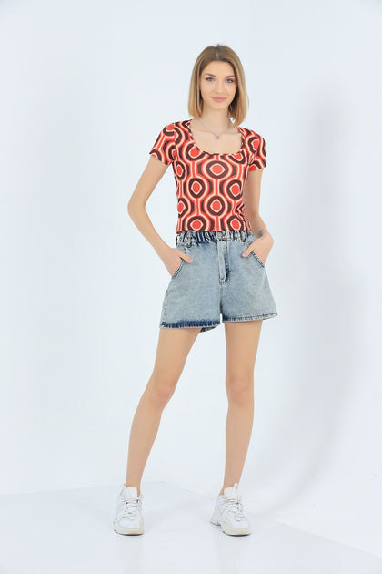 Womens Printed Square Neck Detail Top MWUCT13