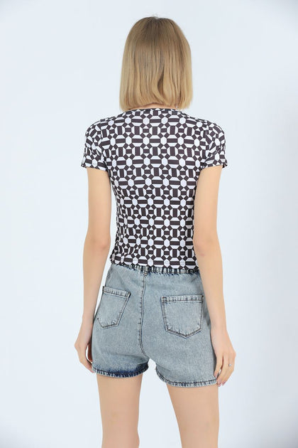 Womens Printed Square Neck Detail Top MWUCT14