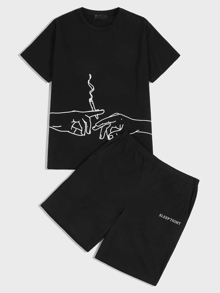 Mens Summer Shorts + T-Shirt Set - TTMSS24 - Black Black